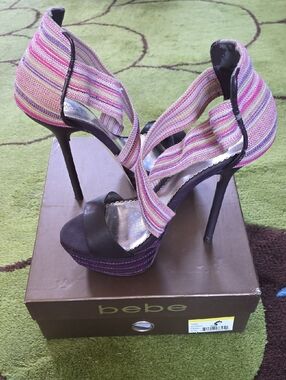 BEbe Purple and Pink Strappy Platform Heels